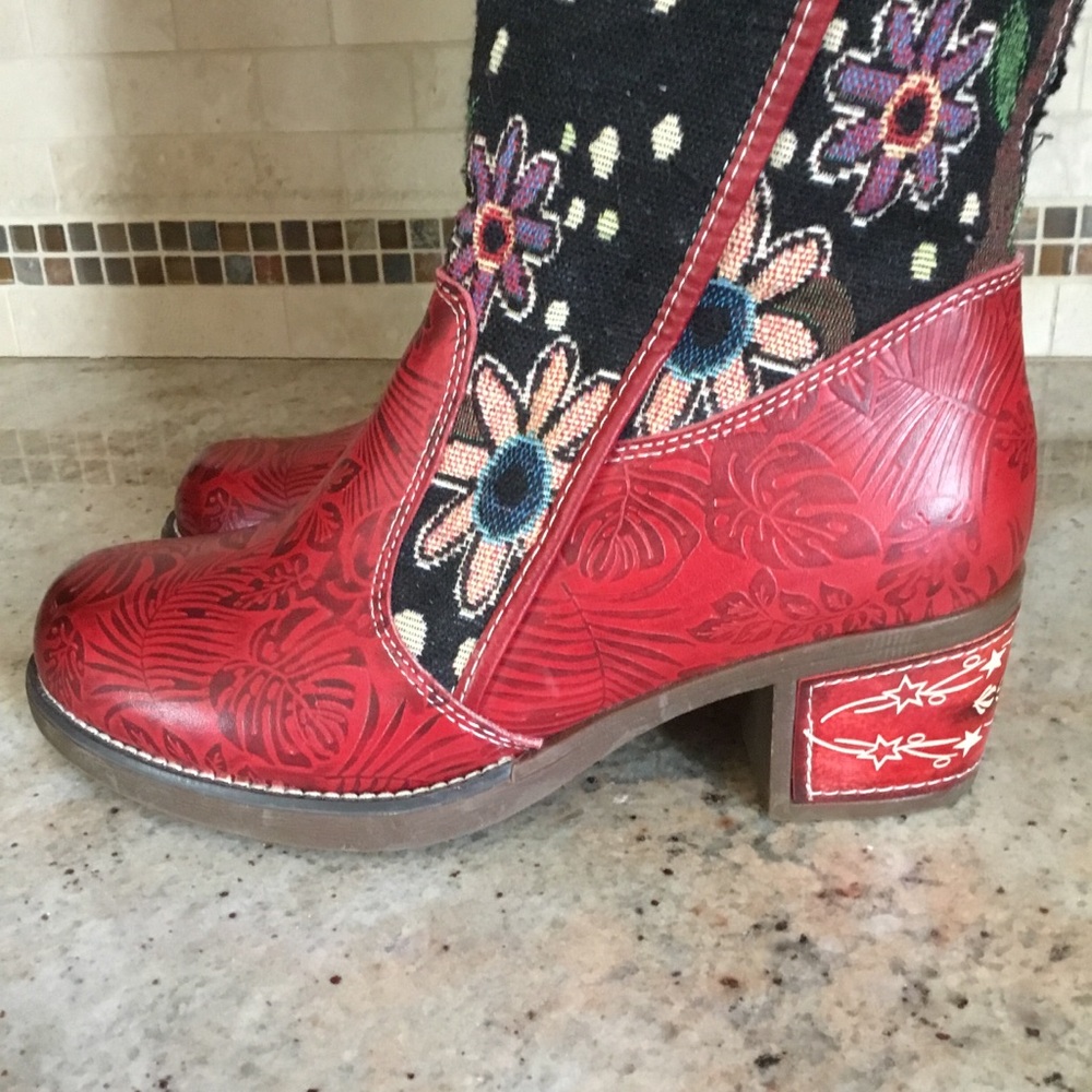 NEW Socofy Red Black Floral Boho Textile Tapestry Leather Tall Boots - Picture 8 of 13